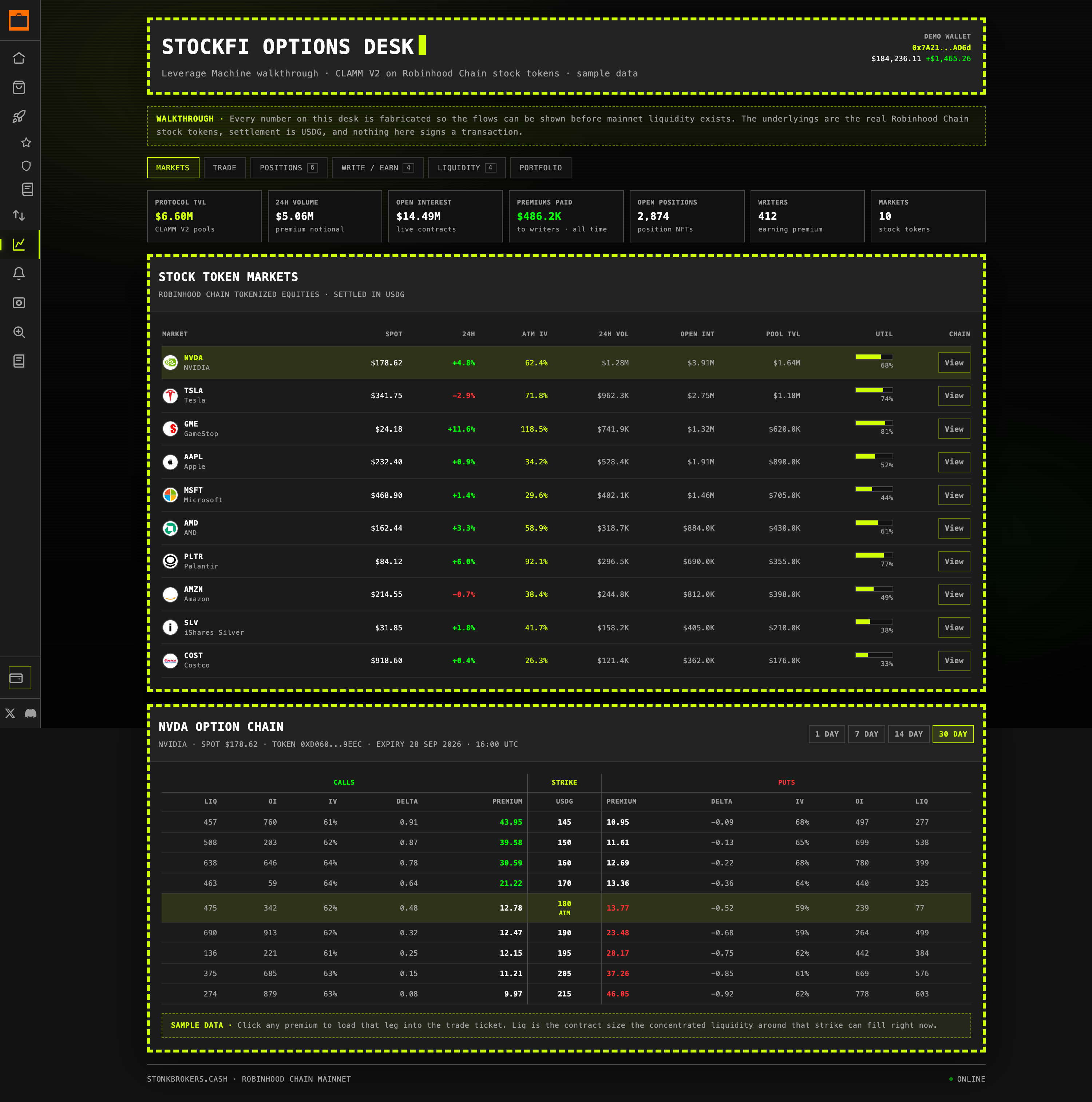 Markets and option chain · the new desk on the STORMM engine