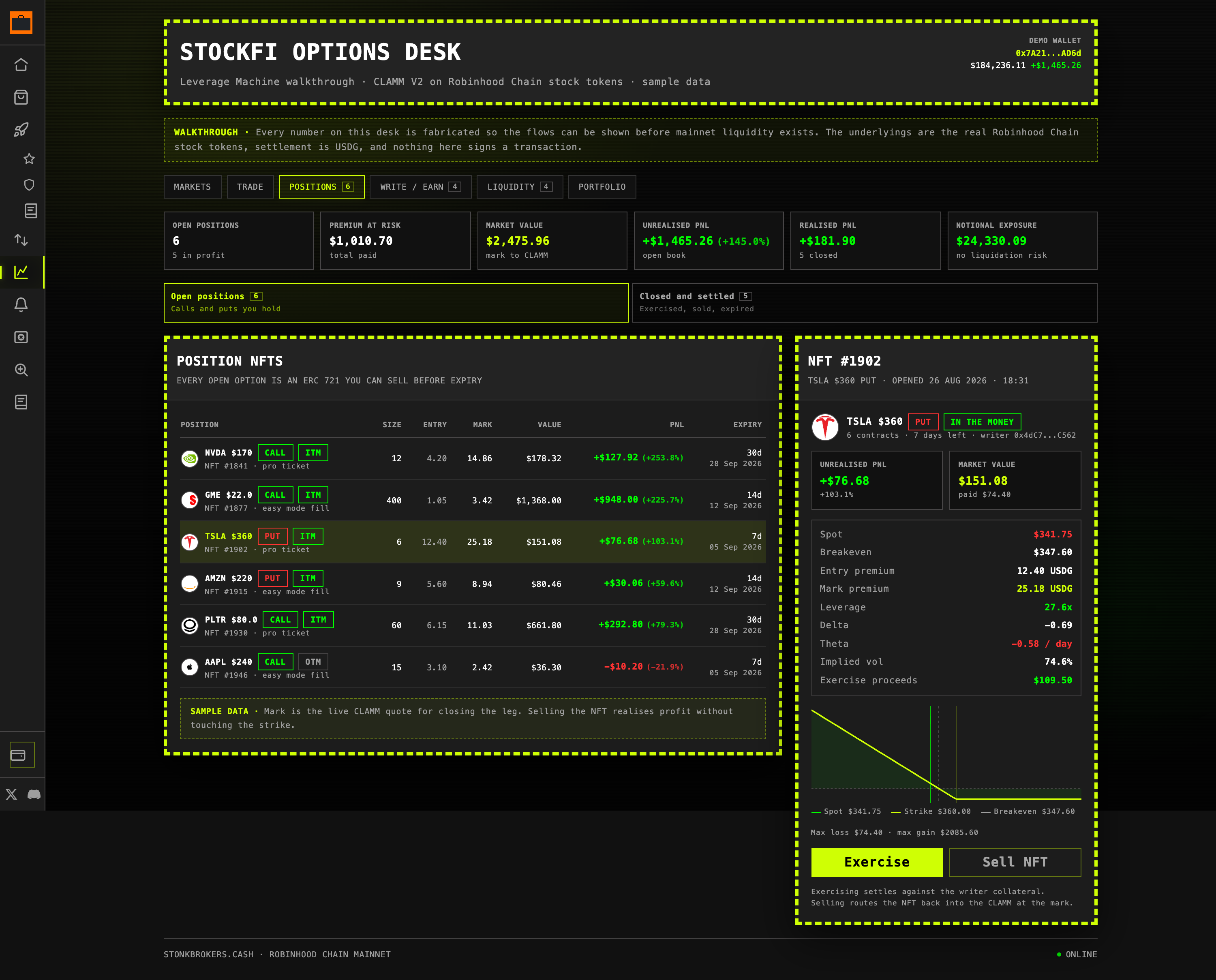 Positions · TSLA put in profit with live payoff chart