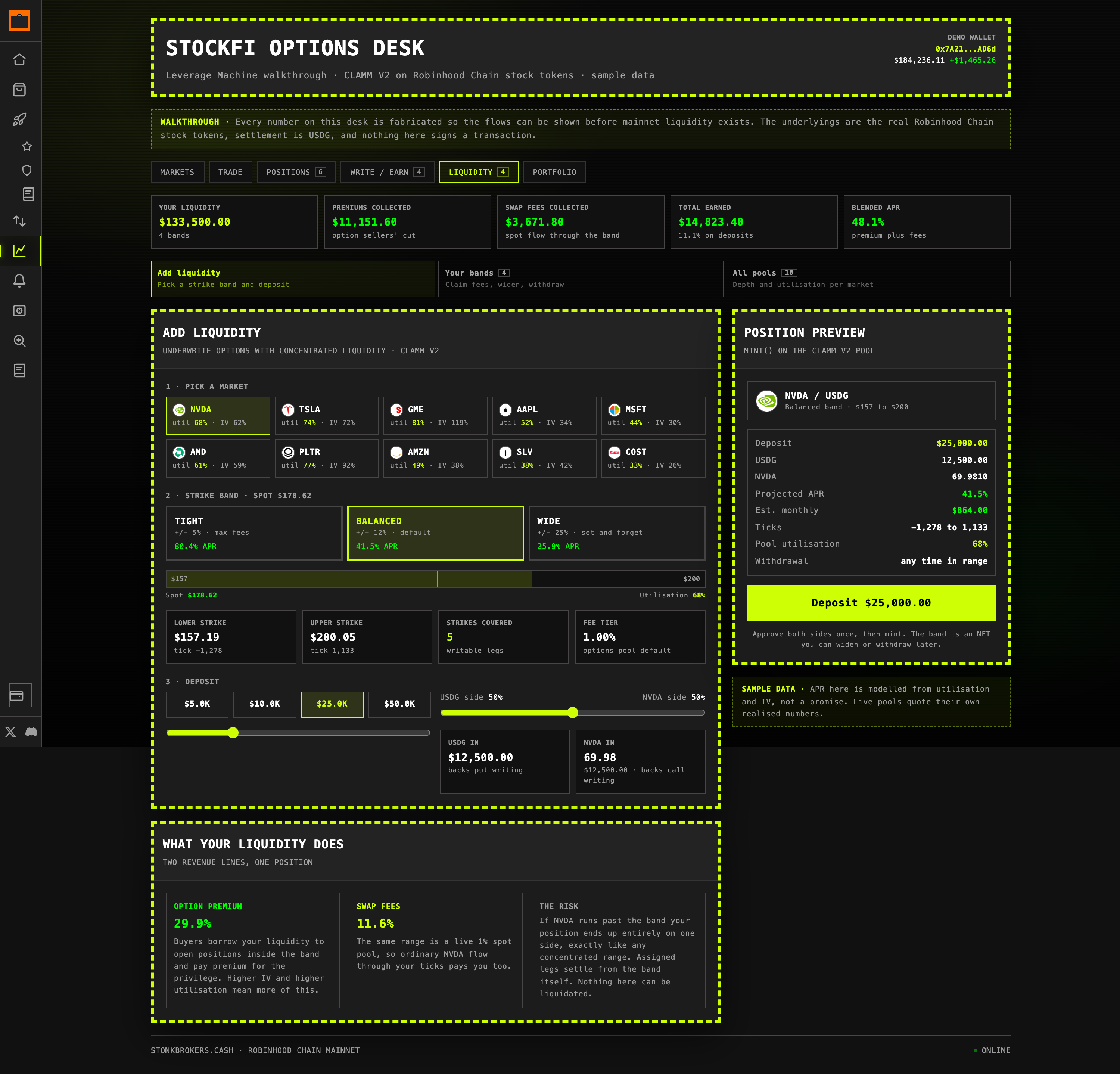 Add liquidity · pick a strike band like a Uniswap V4 range