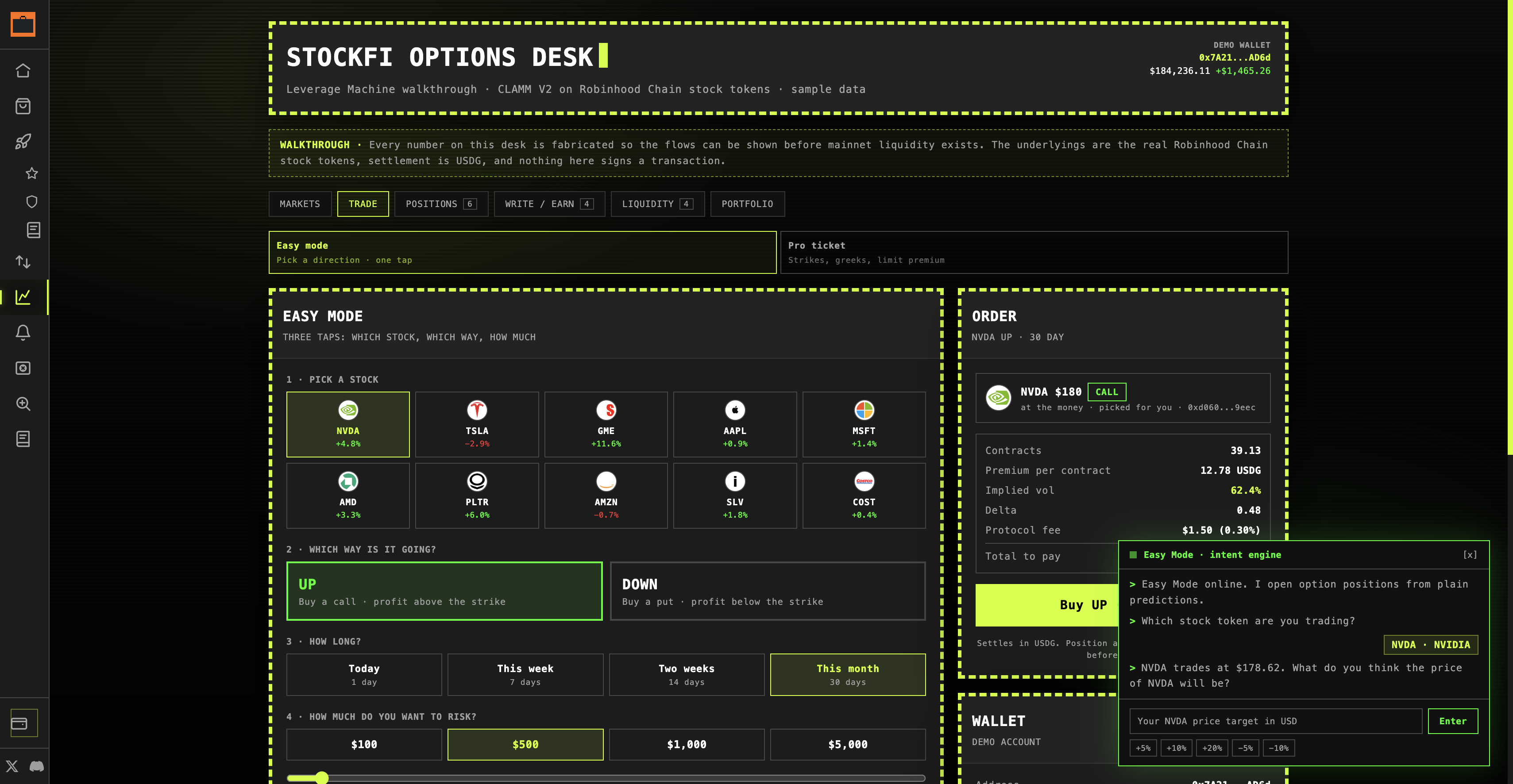 Easy Mode terminal · answer questions, open a position