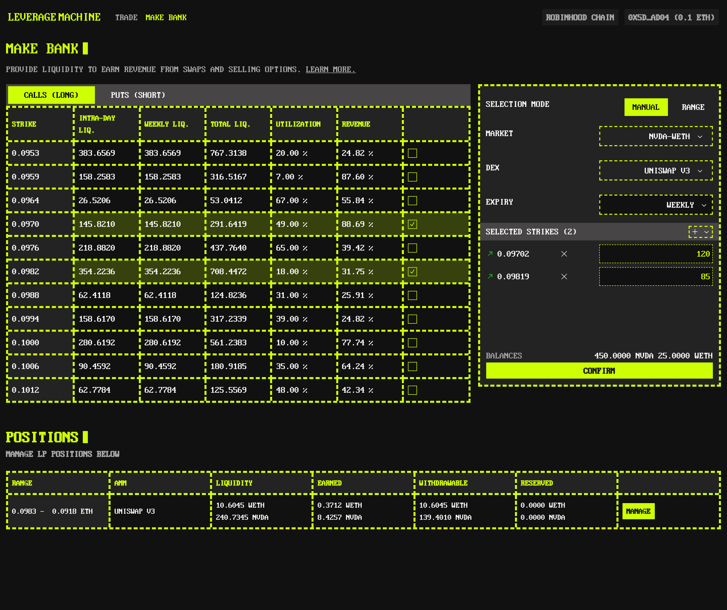 Make Bank · deposit call and put liquidity at your strikes