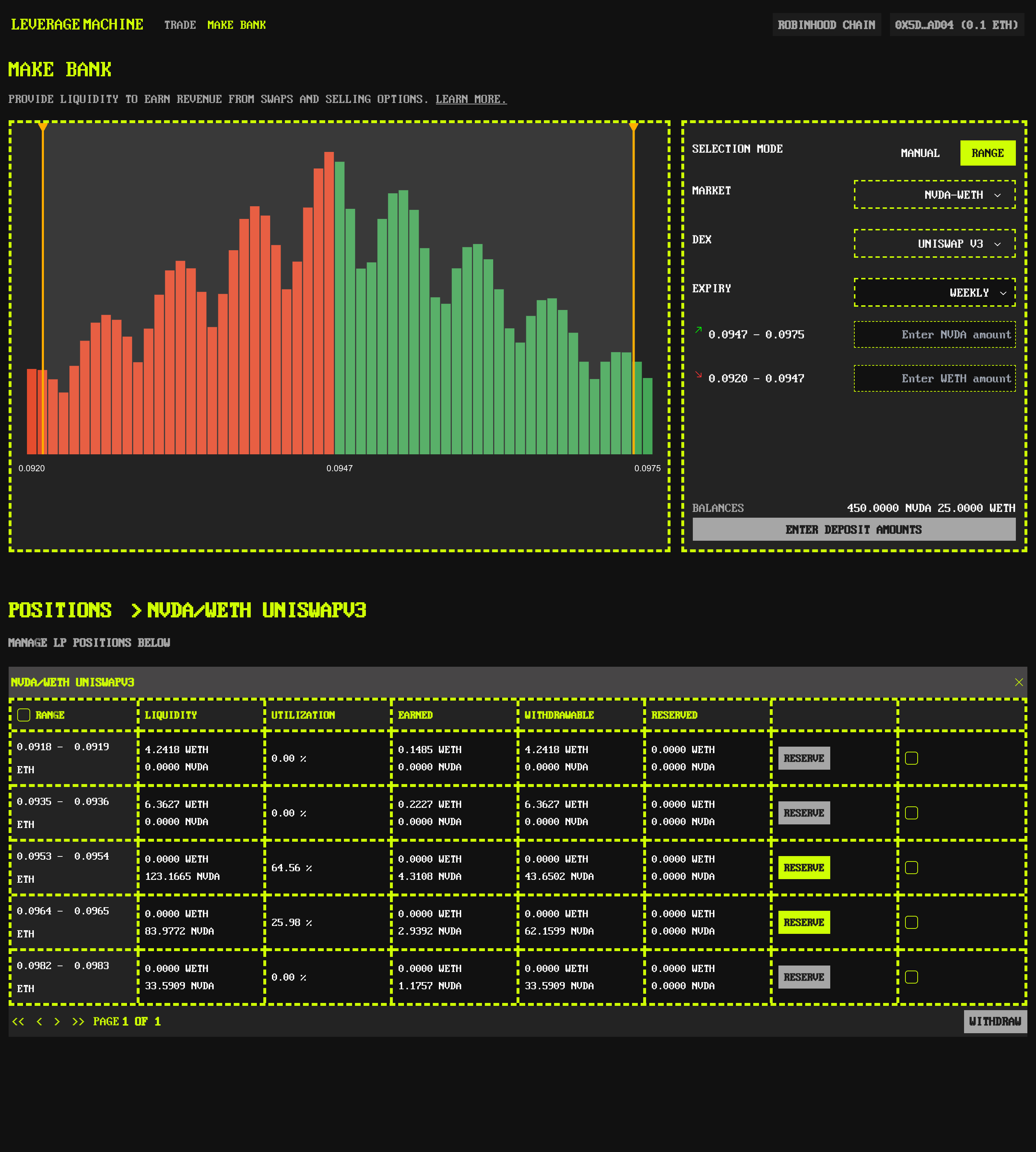 Make Bank · manage LP positions and withdraw or reserve